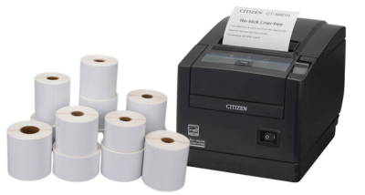 linerless-labels-with-printer Piles of linerless labels besides the Citizen CT-S601IIR