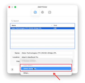 macOS Printers & Scanners screen. Select "Add Software"