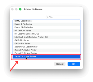 macOS selecting software, choose "Zebra ZPL label Printer"