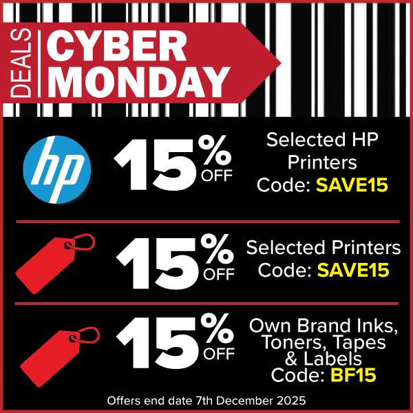 Cyber Monday 2025 banner Get 15% off selected HP printers with SAVE15. 15% off selected printers with code SAVE15, Get 15% off own brand inks, toners, tapes and labels with BF15, ends 7th December