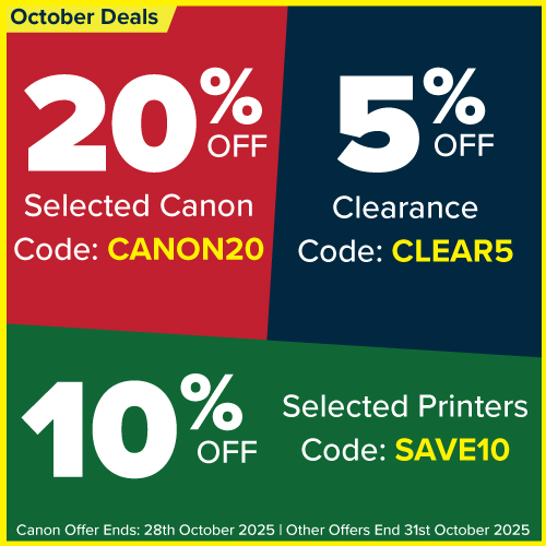 October Deals: 20% off selected Canon printers & scanners with code Canon20. 5% off all Clearance printers with code: Clear5 or 10% off selected printers with code SAVE10