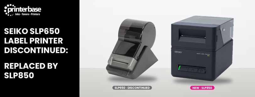 seiko-slp650-replaced-by-slp850 Seiko SLP650 label printer marked discontinued beside its replacement, the new Seiko SLP850 2" direct thermal label printer